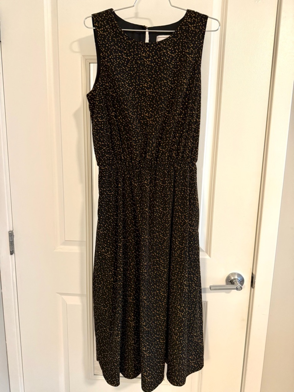 Black Sleeveless Dress with Gold/Brown Polka Dot Print, Size 10